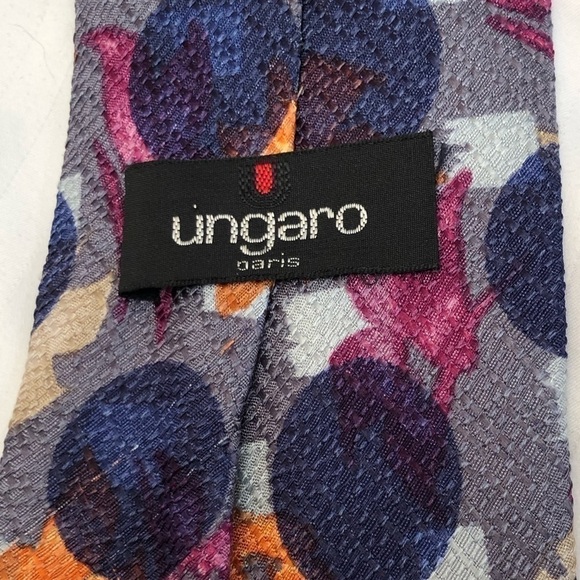 UNGARO Paris Purple Blue Circles Pink Orange Cream Flowers Silk Tie Necktie - Picture 7 of 16